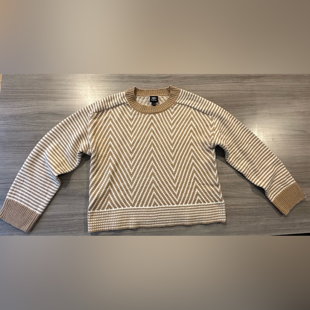 Bobeau Mitered/Stripe Pullover Sweater, Ivory/Tan, Size S
